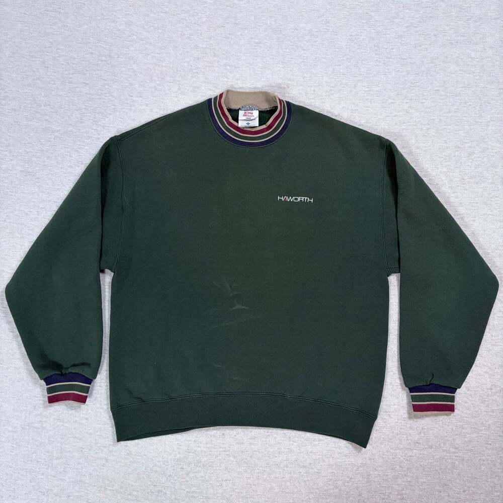 Vintage Jerzees Super Sweats Haworth Green Striped Collar Crewneck Sweatshirt